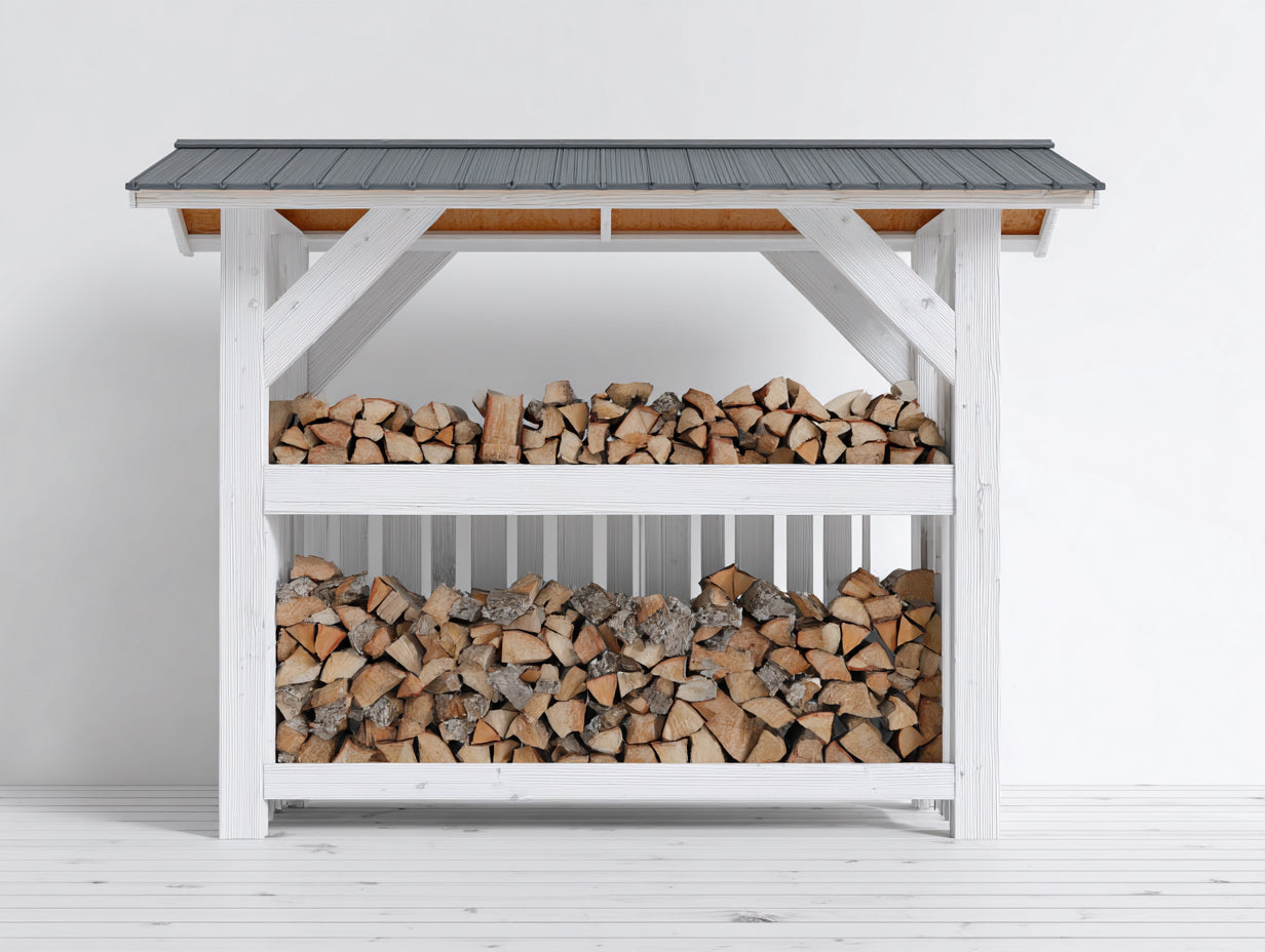 Abri à bûches - Bois-Métal - 178x52x156 cm - Blanc-Gris - Style moderne