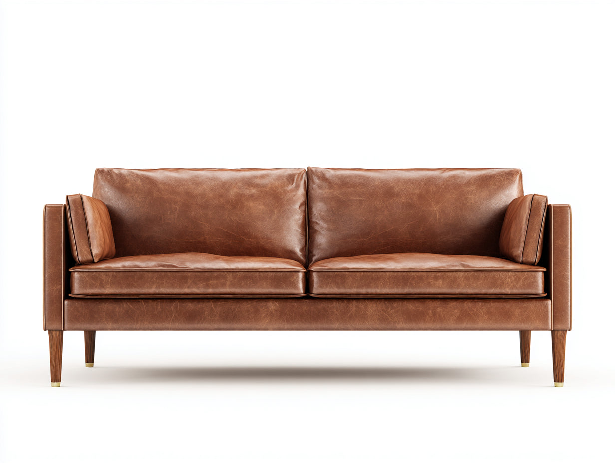 Canapé droit - cuir-bois - 224x87x78 cm - marron - design moderne