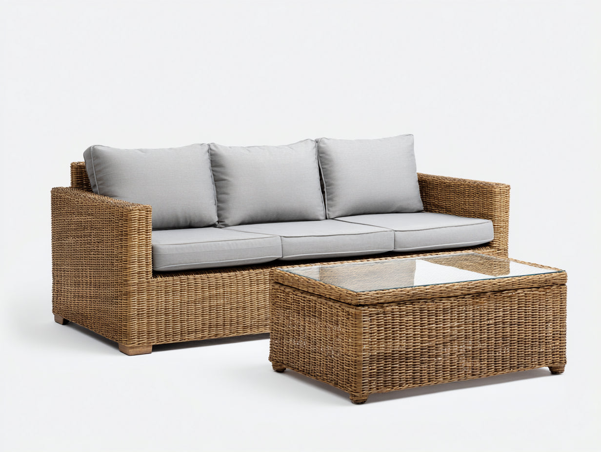 Canapé de jardin - Rotin - Tissu - Verre - 200x75x78 cm - Naturel-Gris clair - Moderne