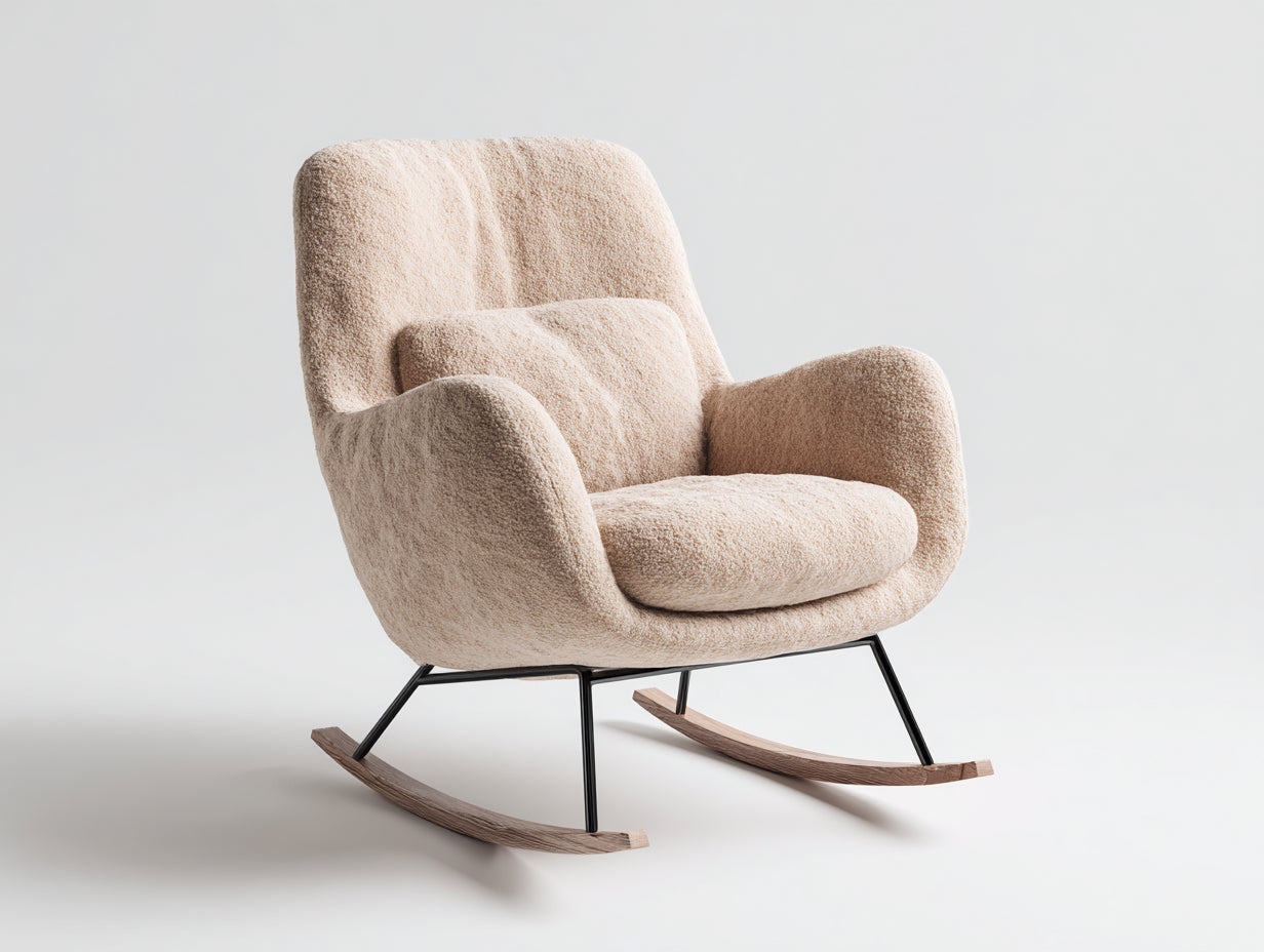 Fauteuil à bascule - Tissu peluche-Métal-Bois - 82x88x96 cm - Beige-Noir-Marron - Moderne