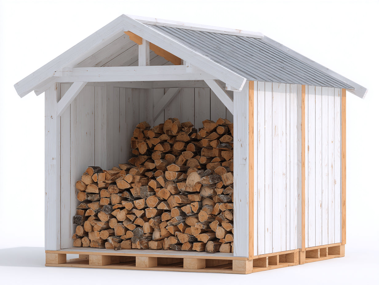 Abri à bûches - Bois-Métal - 220x95x185 cm - Blanc-Gris - Style rustique