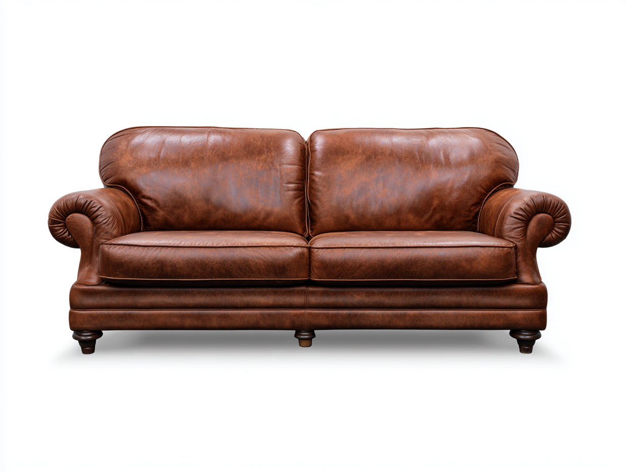 Canapé droit - cuir-bois - 218x90x82 cm - marron - design classique